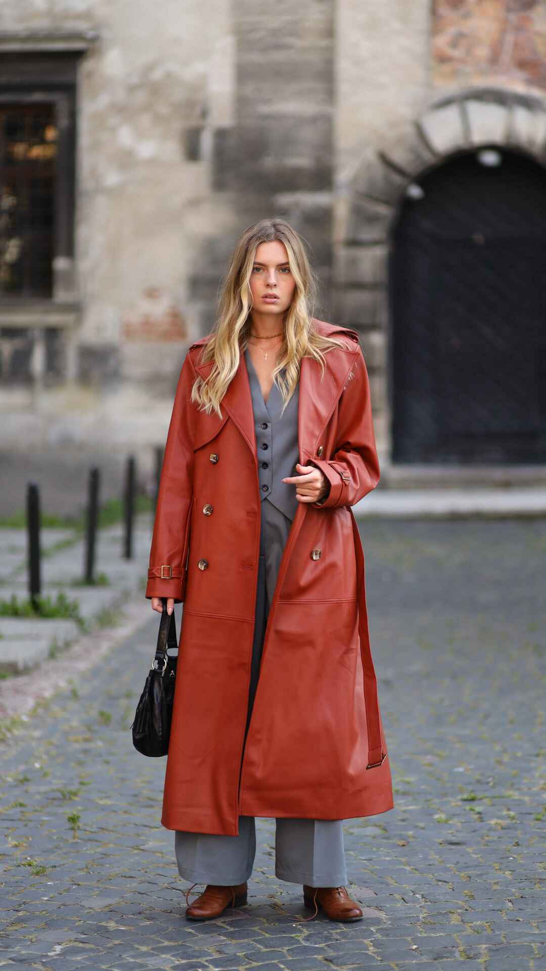 vegan leather brown trench coat