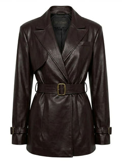 Brown leather coat with a belt on a white background