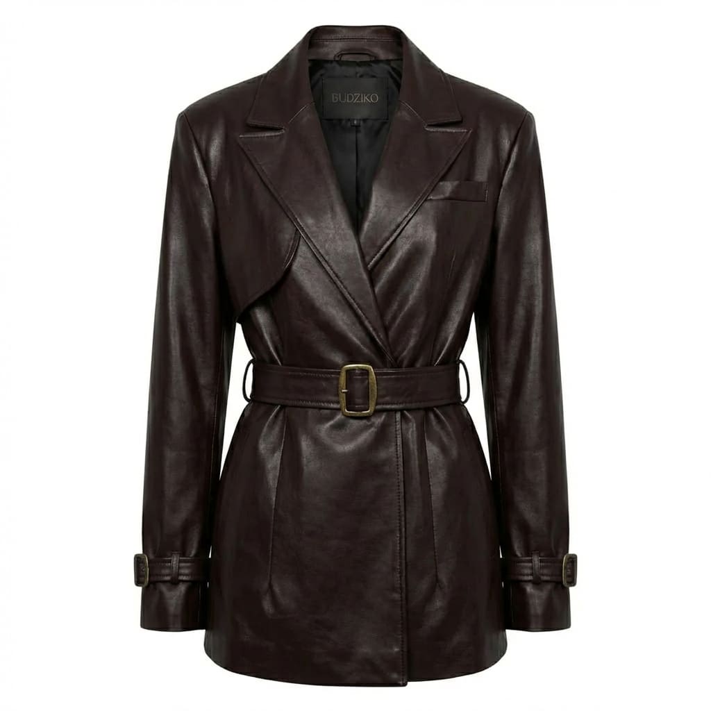 Brown leather coat with a belt on a white background