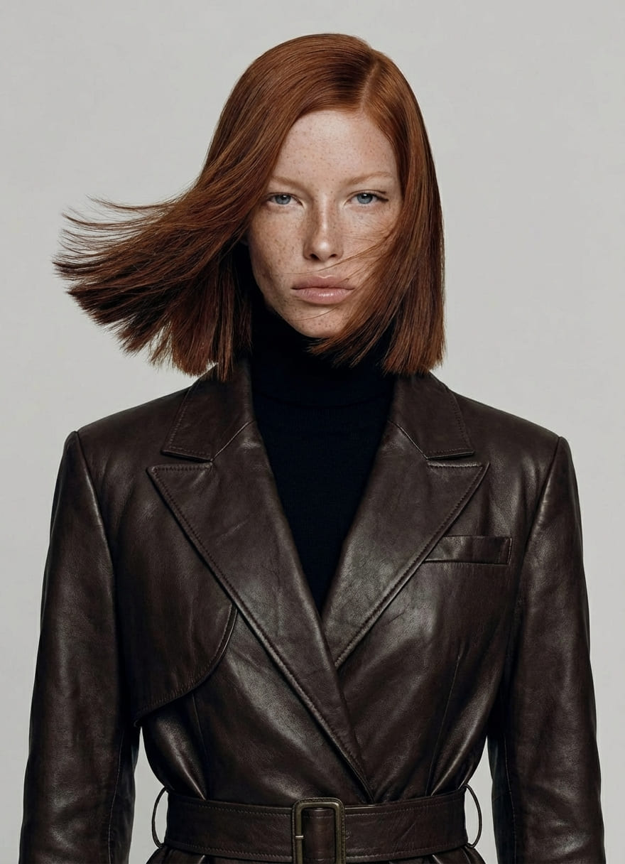 Woman wearing a brown leather coat against a plain background
