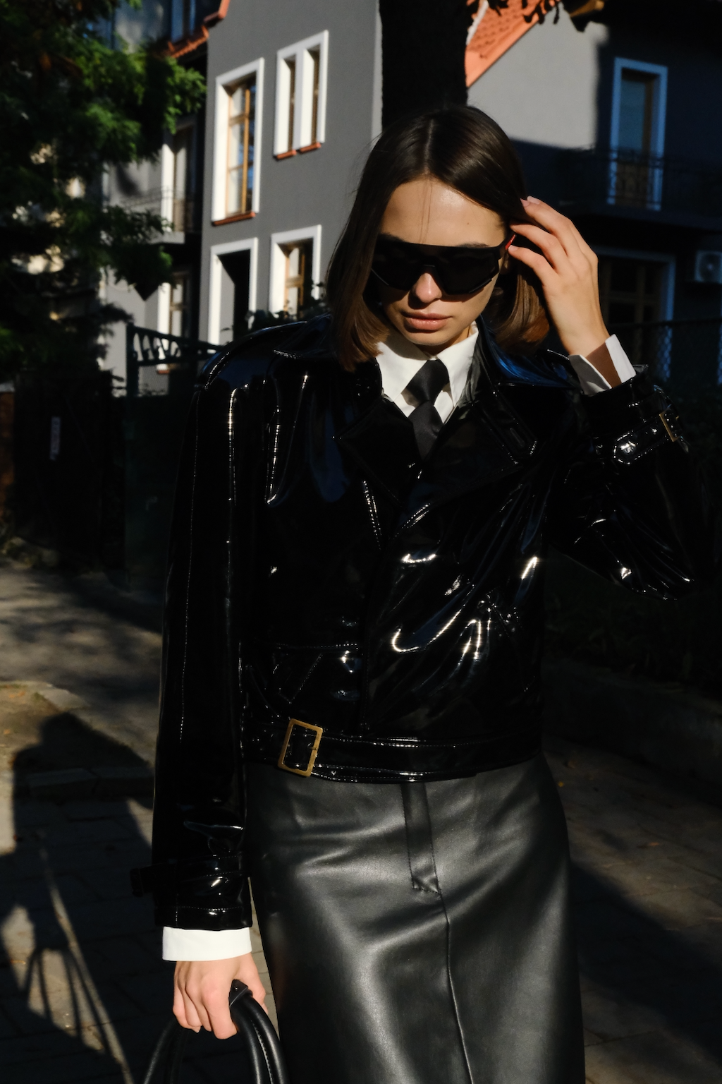 patent black faux leather jacket for women