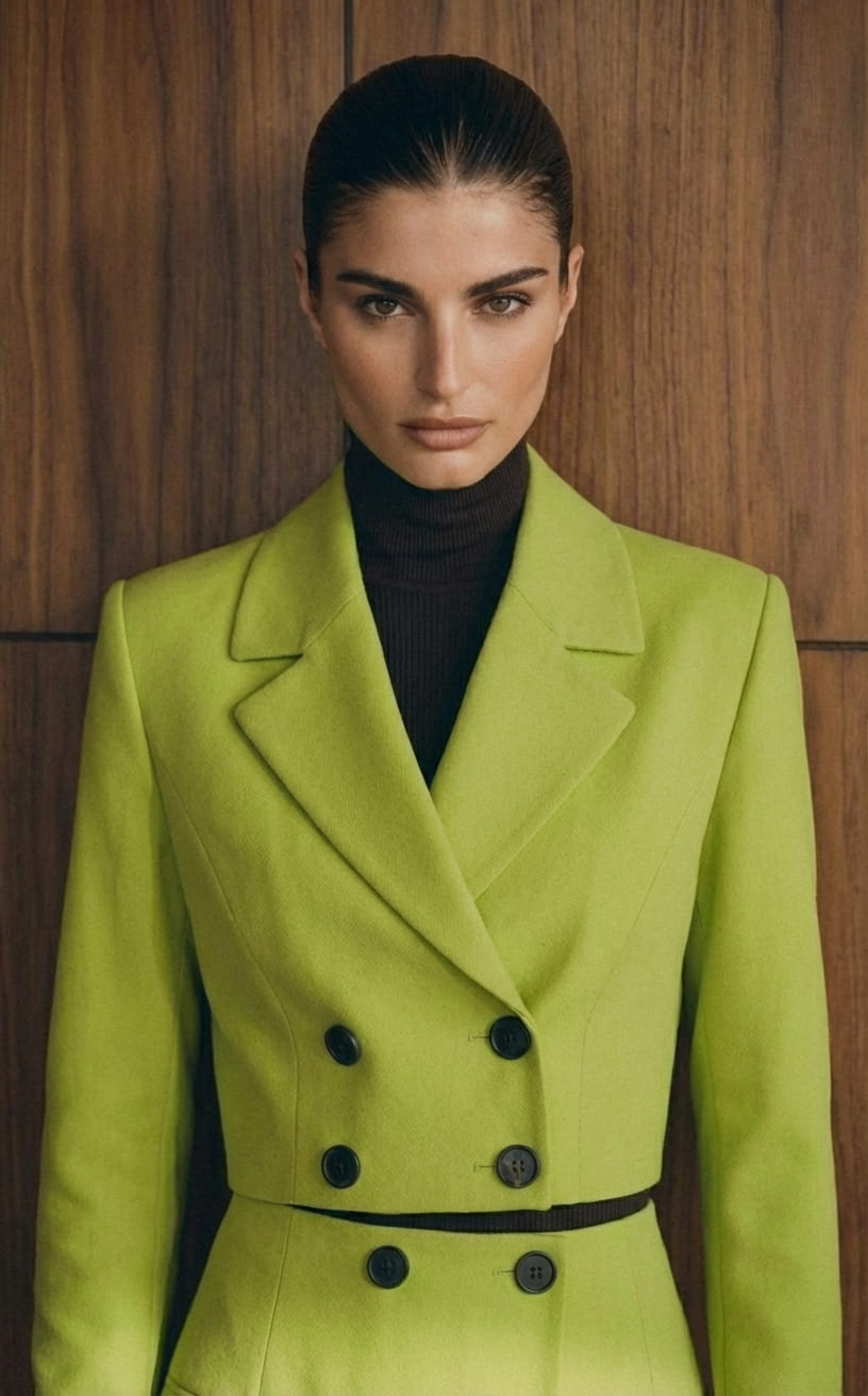 Woman wearing a bright green coat with black buttons against a wooden background