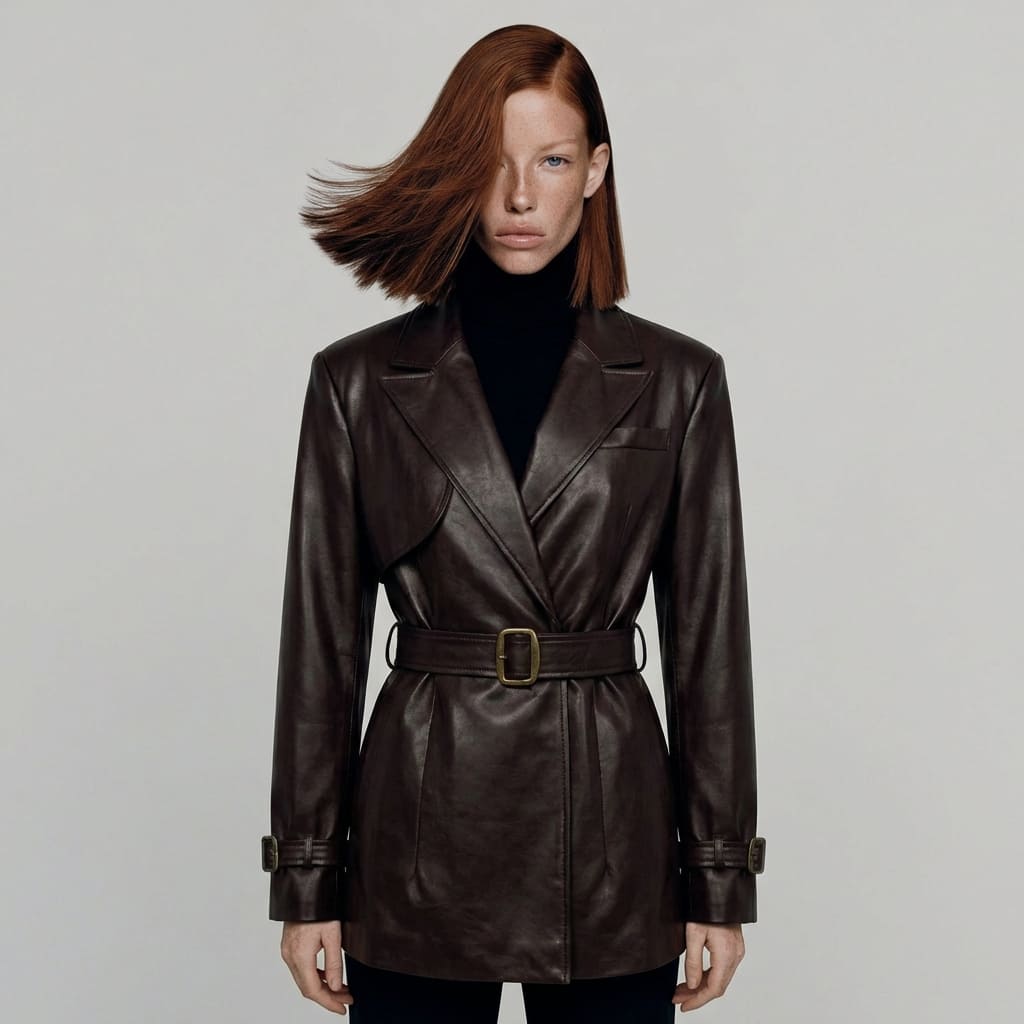 Woman wearing a brown leather coat with a belt on a plain background