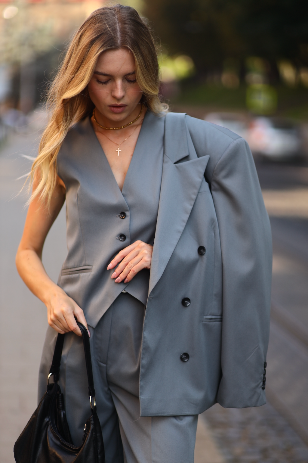 grey double-breasted blazer