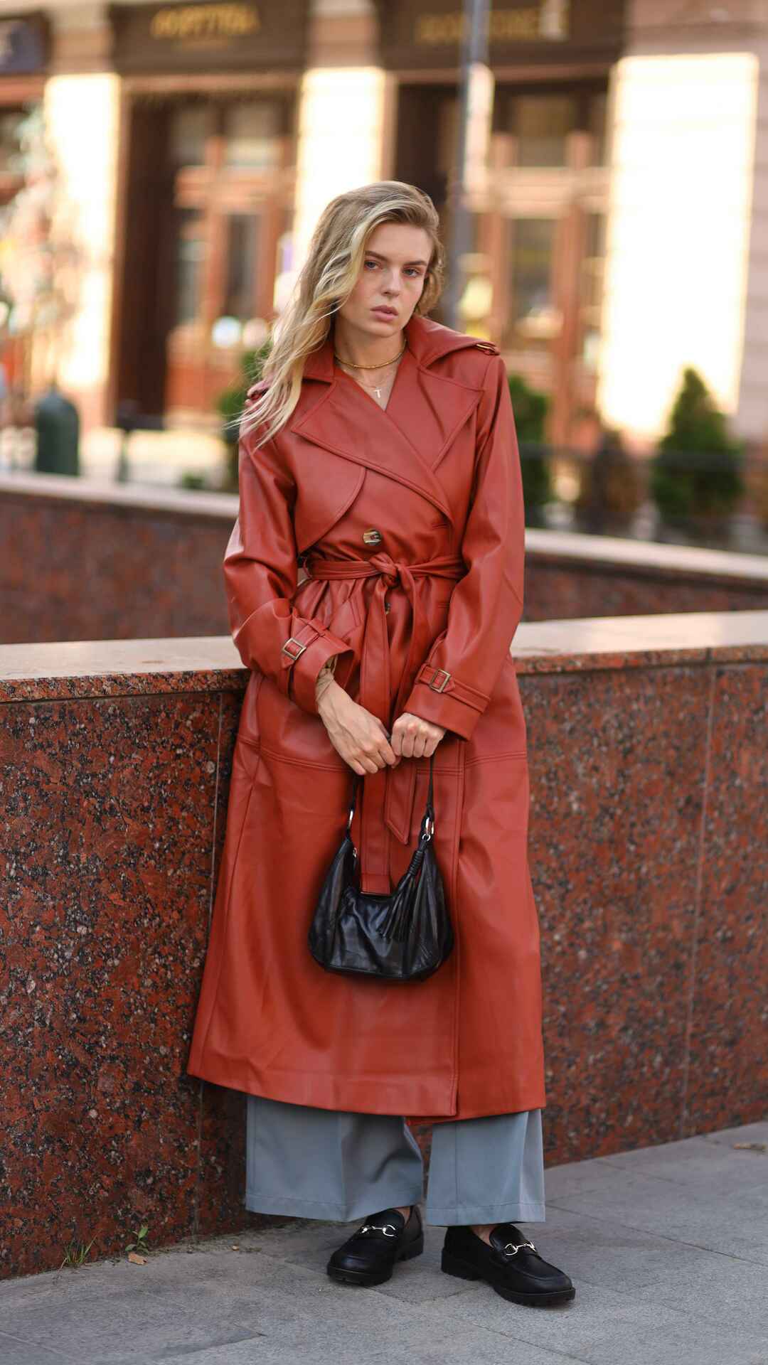 vegan leather brown trench coat