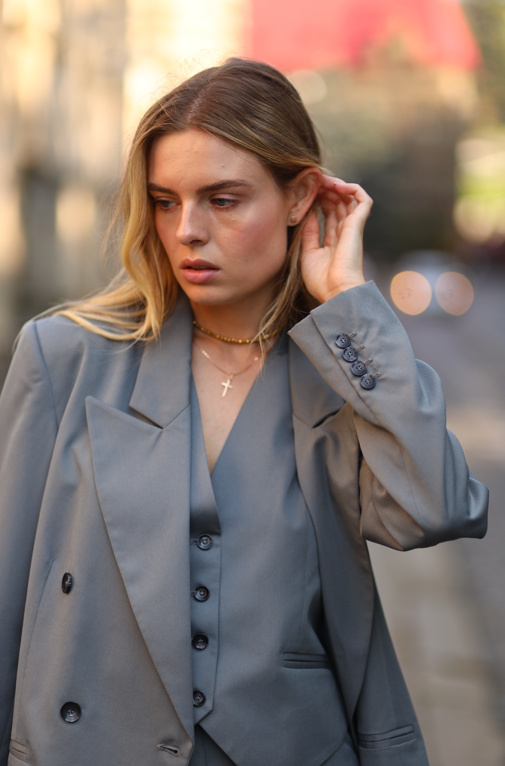 grey double-breasted blazer