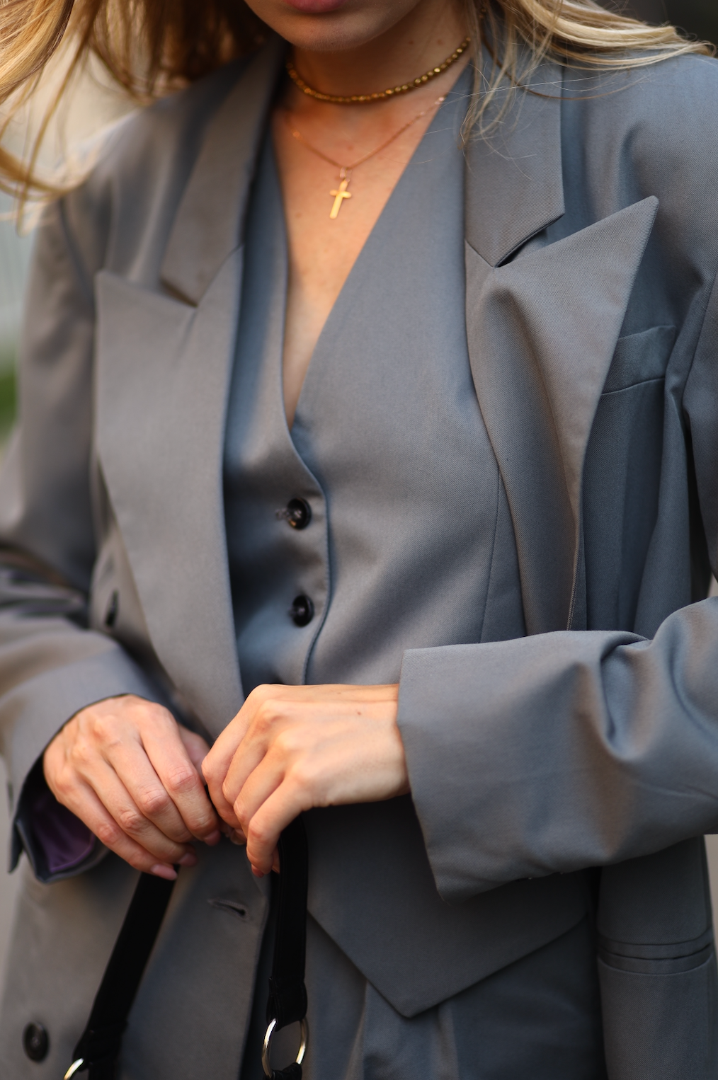 grey double-breasted blazer