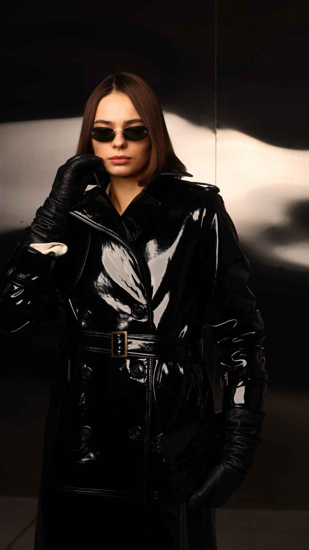 black patent faux leather trench coat for women