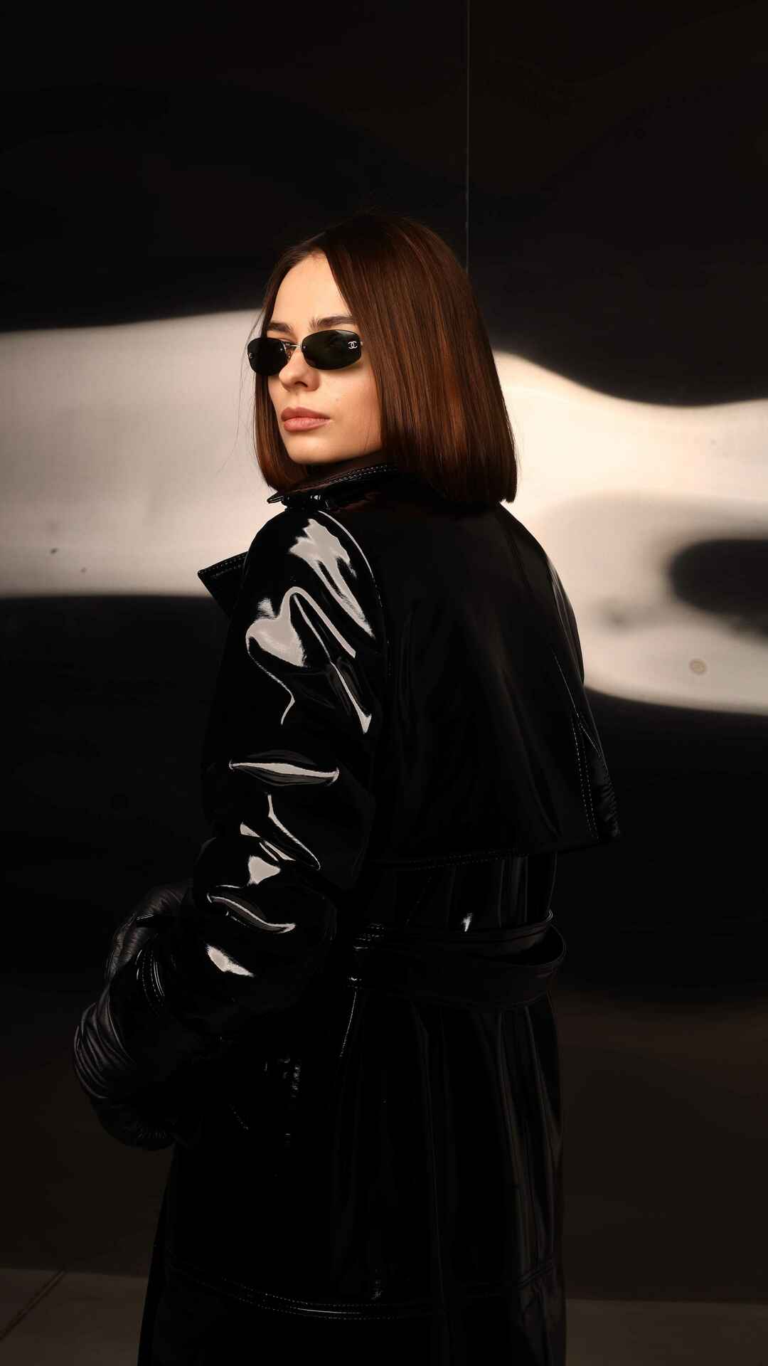 black patent faux leather trench coat for women