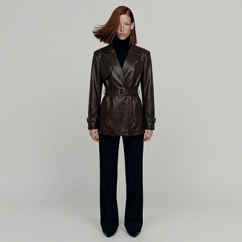 Woman wearing a brown leather trench coat and black pants on a plain background