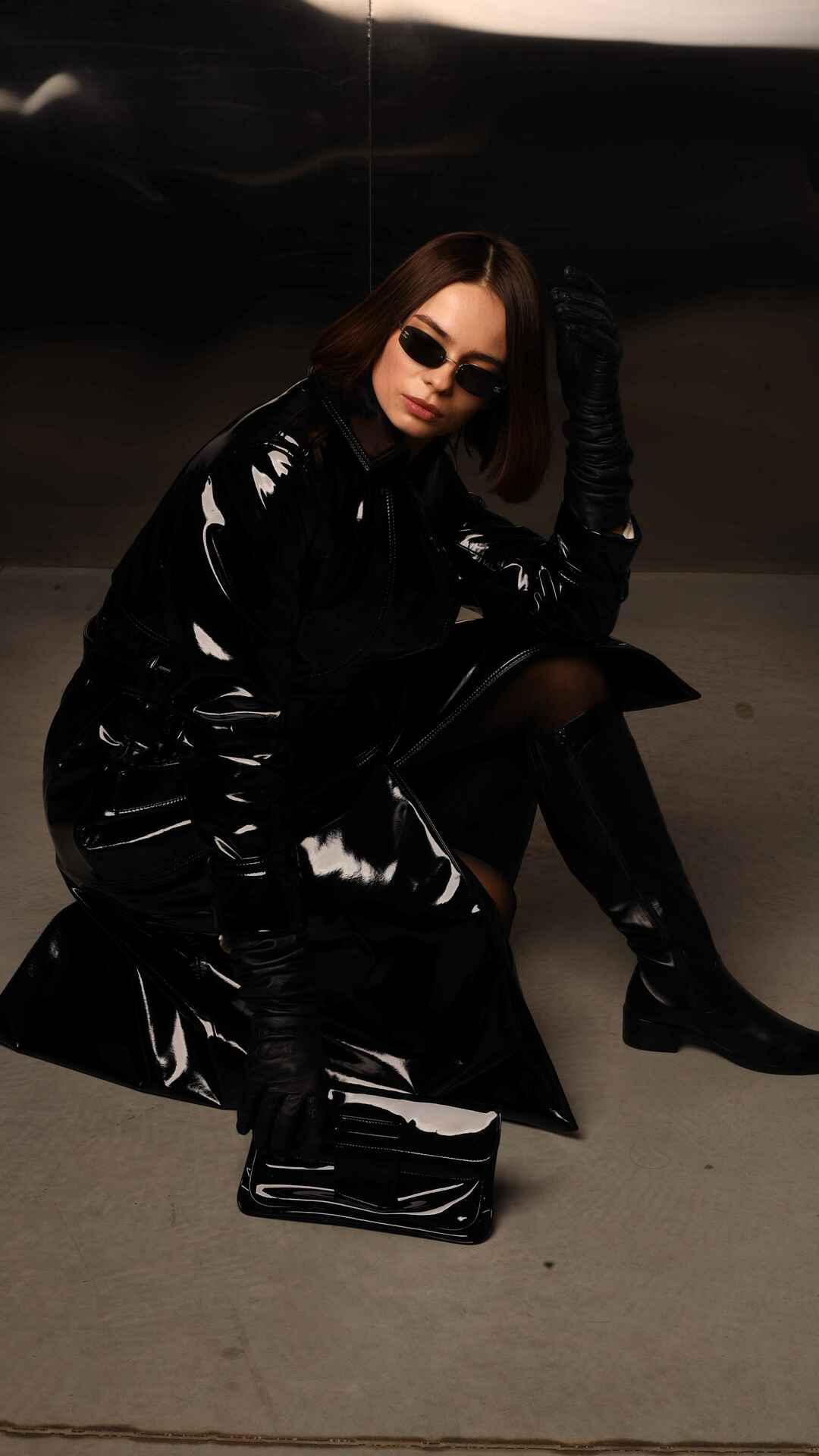 black patent faux leather trench coat for women