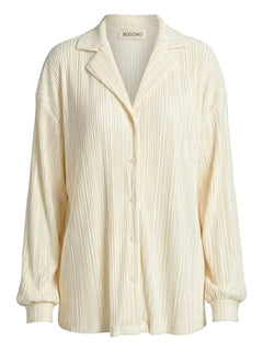 Cream-colored ribbed sweater with a collar on a white background