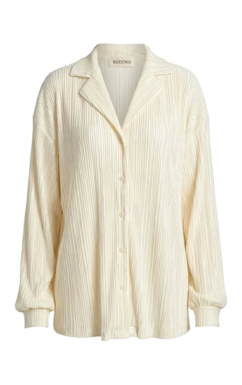 Cream-colored ribbed sweater with a collar on a white background
