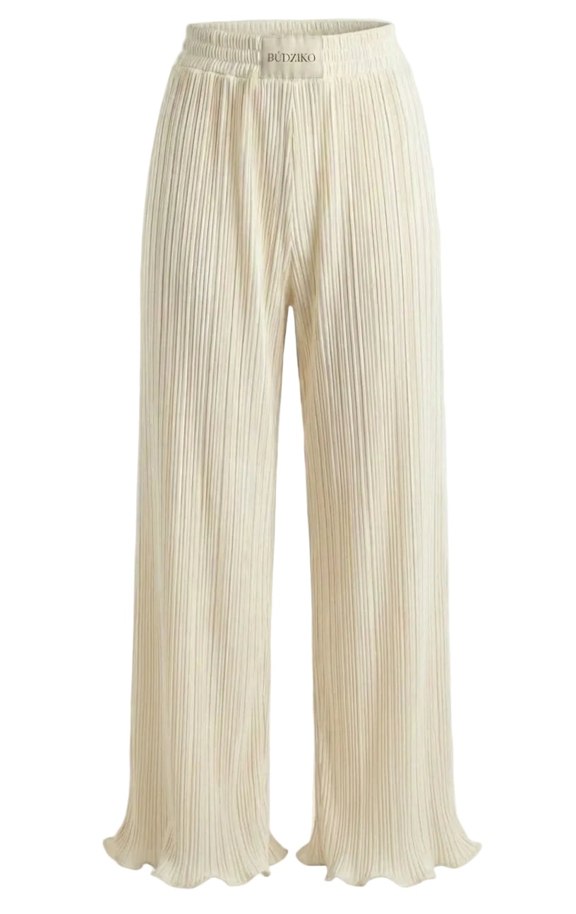Beige pleated pants on a white background