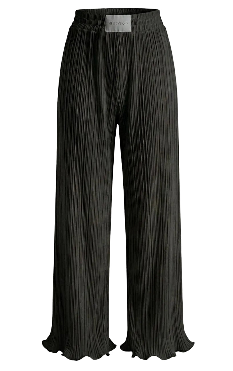 Black pleated pants on a white background