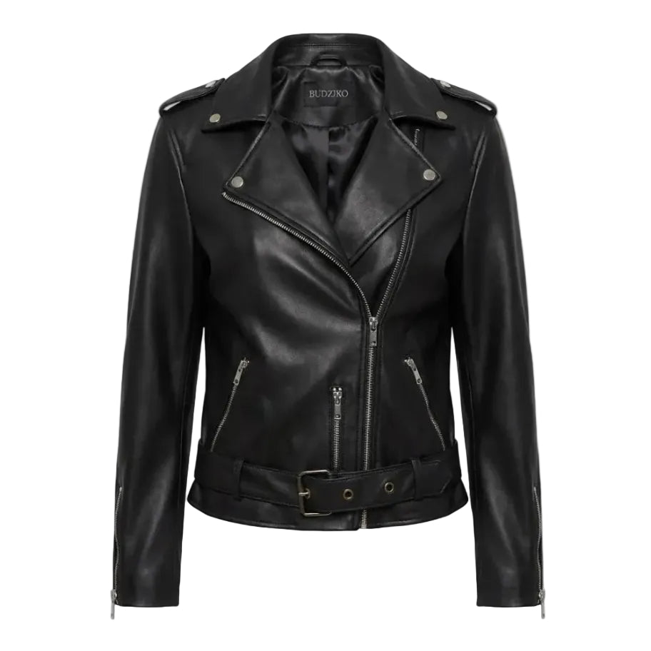 Black leather jacket on a white background