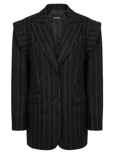 Black pinstripe blazer on a white background