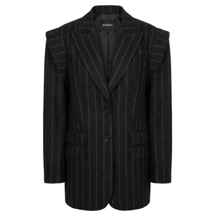 Black pinstripe blazer on a white background