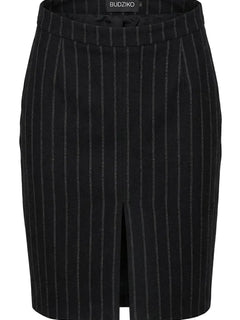 Black pinstripe skirt with a slit on a white background