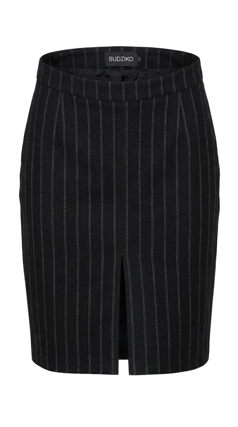 Black pinstripe skirt with a slit on a white background