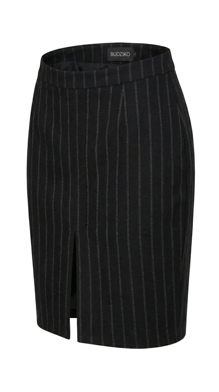 Black pinstripe skirt with a slit on a white background