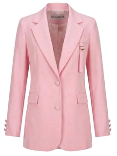 Pink blazer with button details on a white background