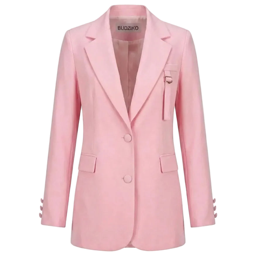 Pink blazer with button details on a white background