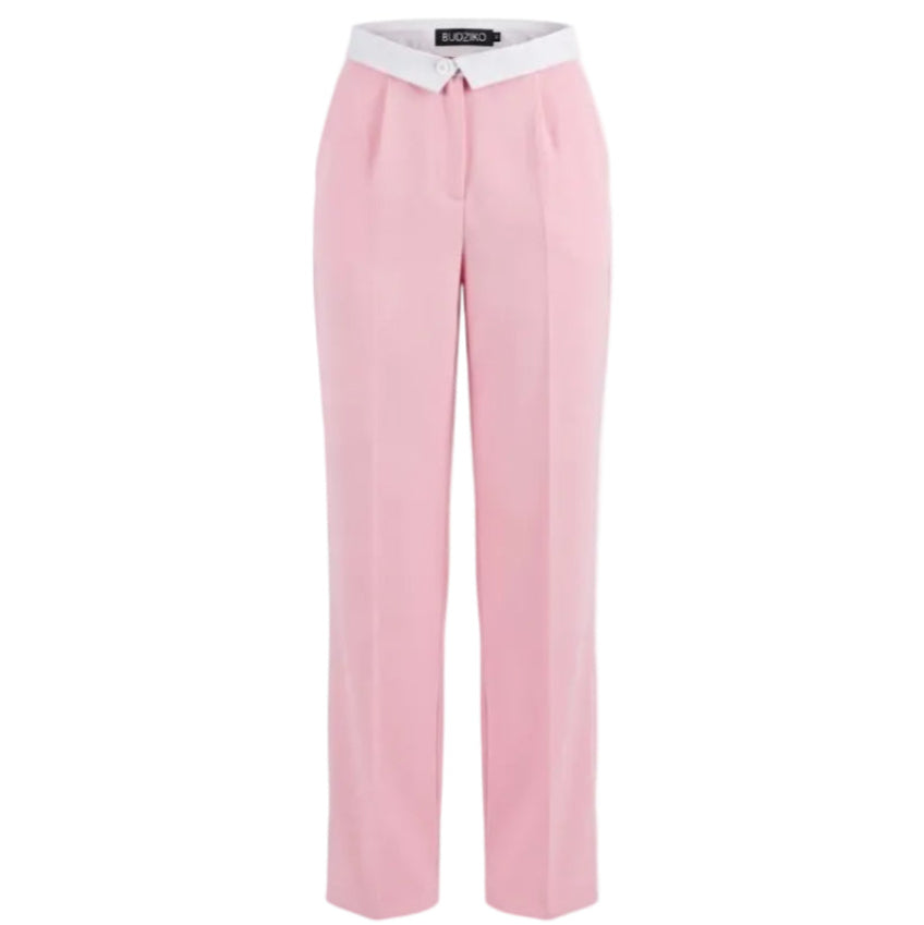 Pink pants with a white waistband on a light pink background