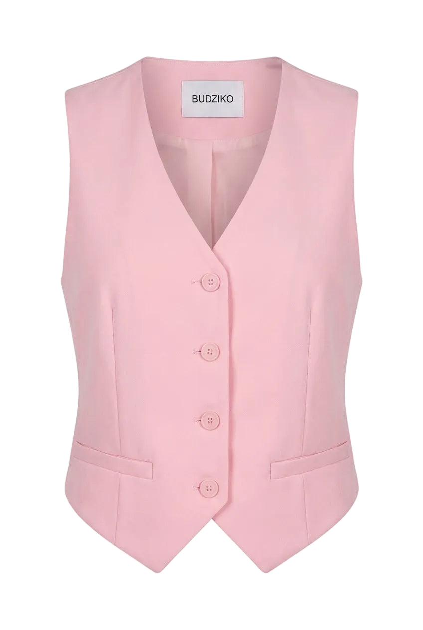 Pink vest with button details on a white background