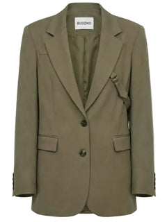 Green blazer with a visible brand label on a white background