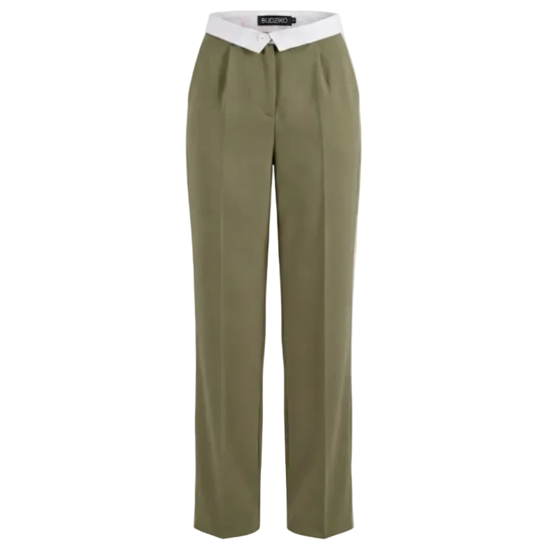 Olive green pants with a white shirt underneath on a light gray background
