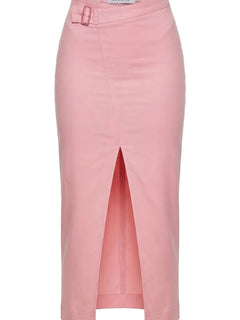 Pink skirt with a front slit on a white background