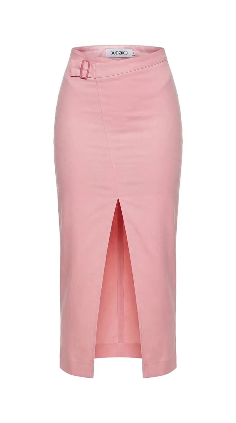 Pink skirt with a front slit on a white background