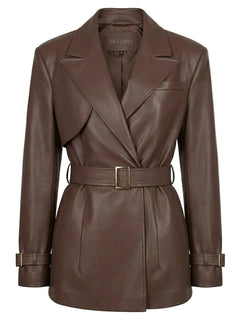 Brown leather coat with a belt on a white background
