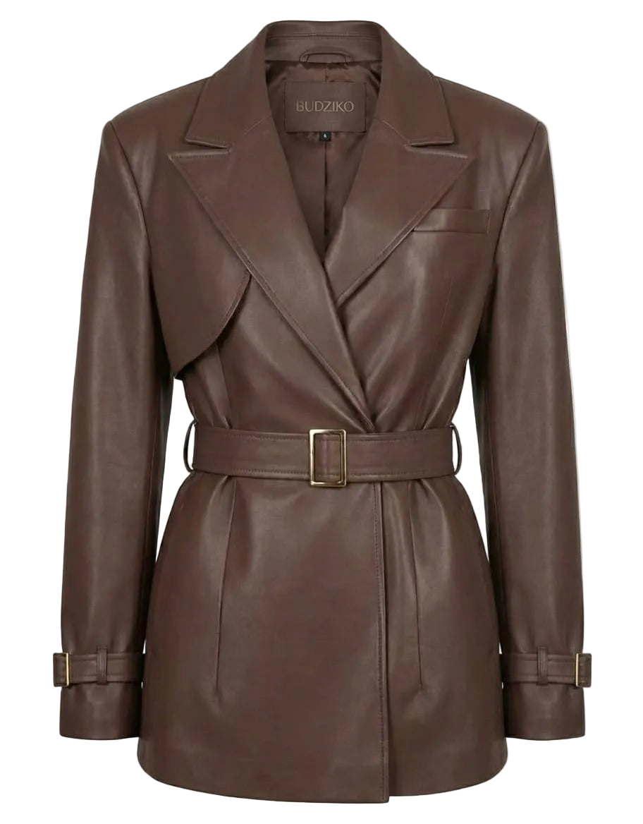 Brown leather coat with a belt on a white background