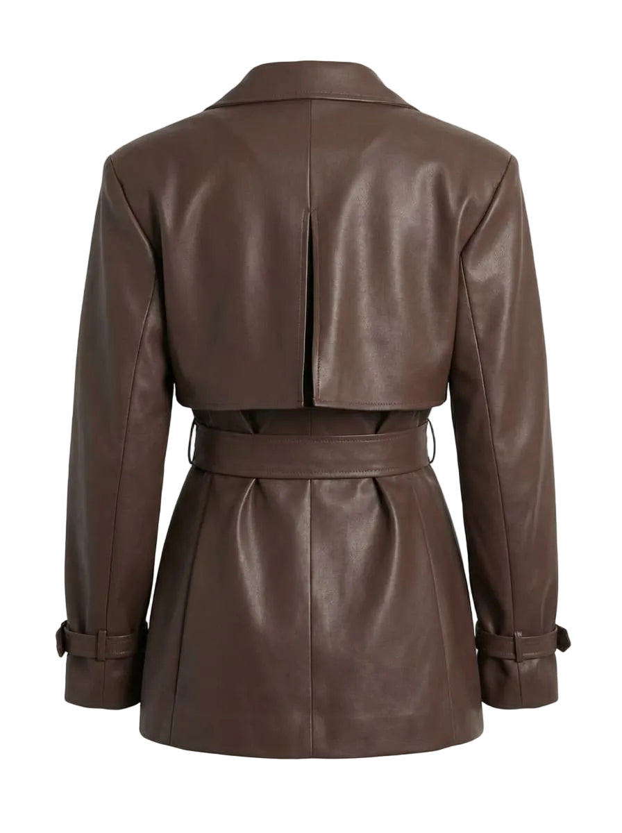 Brown leather jacket with a belt on a white background