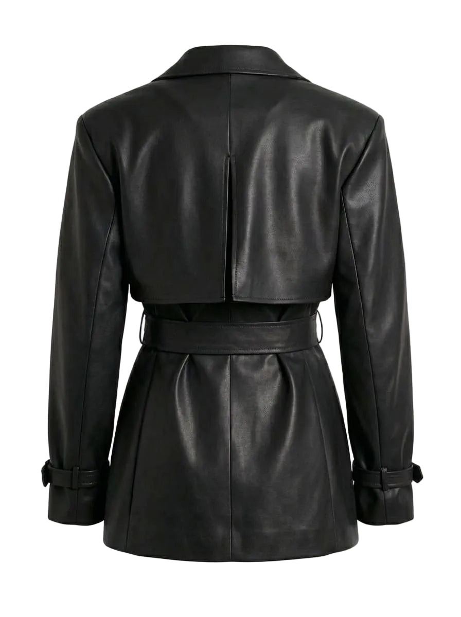 Black leather jacket with a belt on a white background