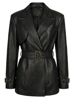 Black leather coat with a belt on a white background