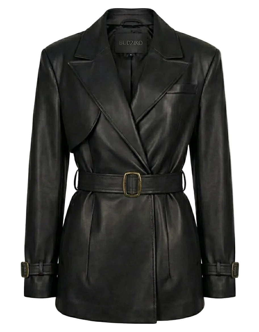 Black leather coat with a belt on a white background