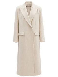 Beige overcoat on a white background with 'BuduZiko' branding.