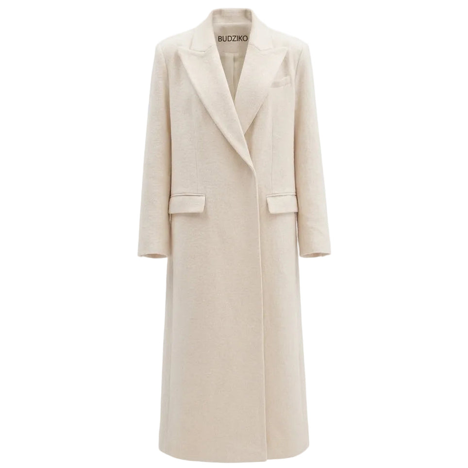 Beige overcoat on a white background with 'BuduZiko' branding.