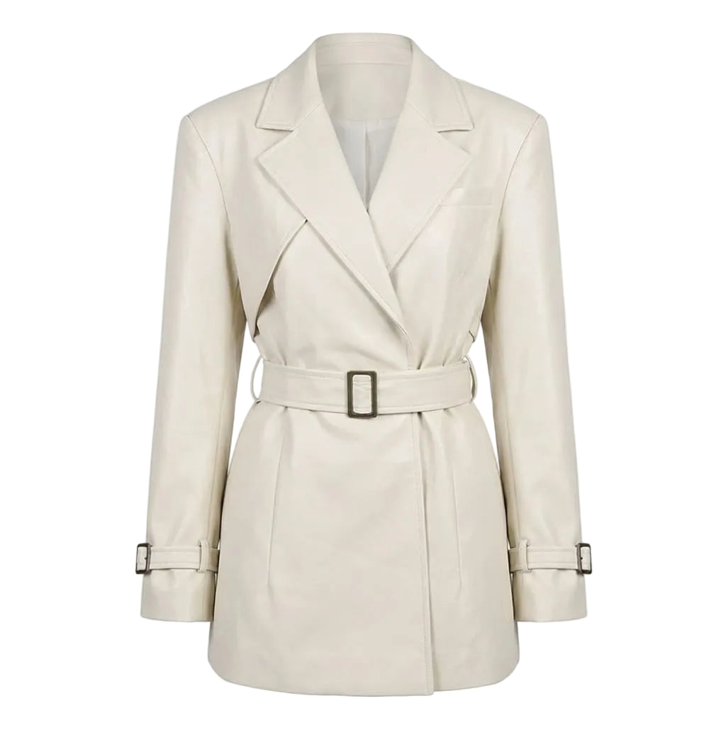 Beige trench coat with a belt on a white background