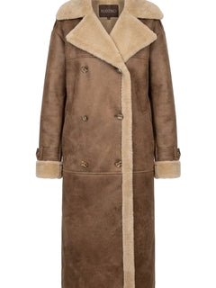 Brown suede coat with beige shearling collar and trim on a white background