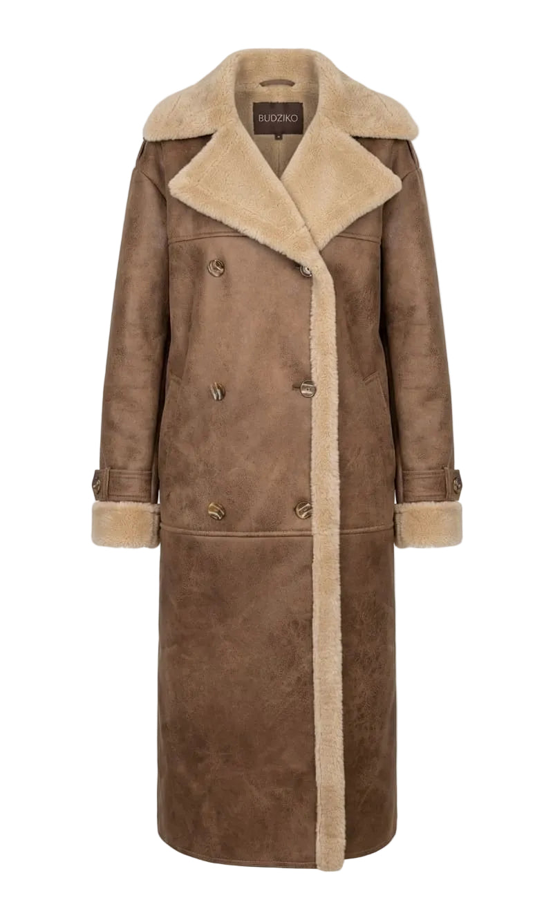 Brown suede coat with beige shearling collar and trim on a white background