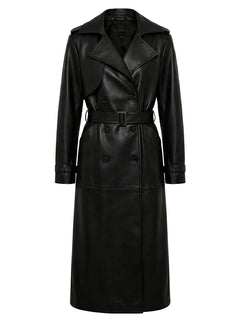 Black leather trench coat on a light gray background