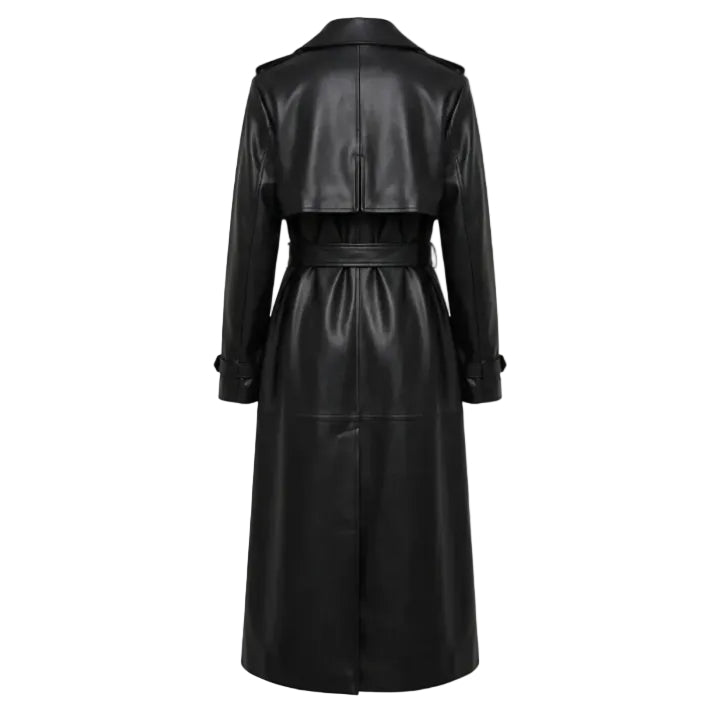 Black leather trench coat on a white background