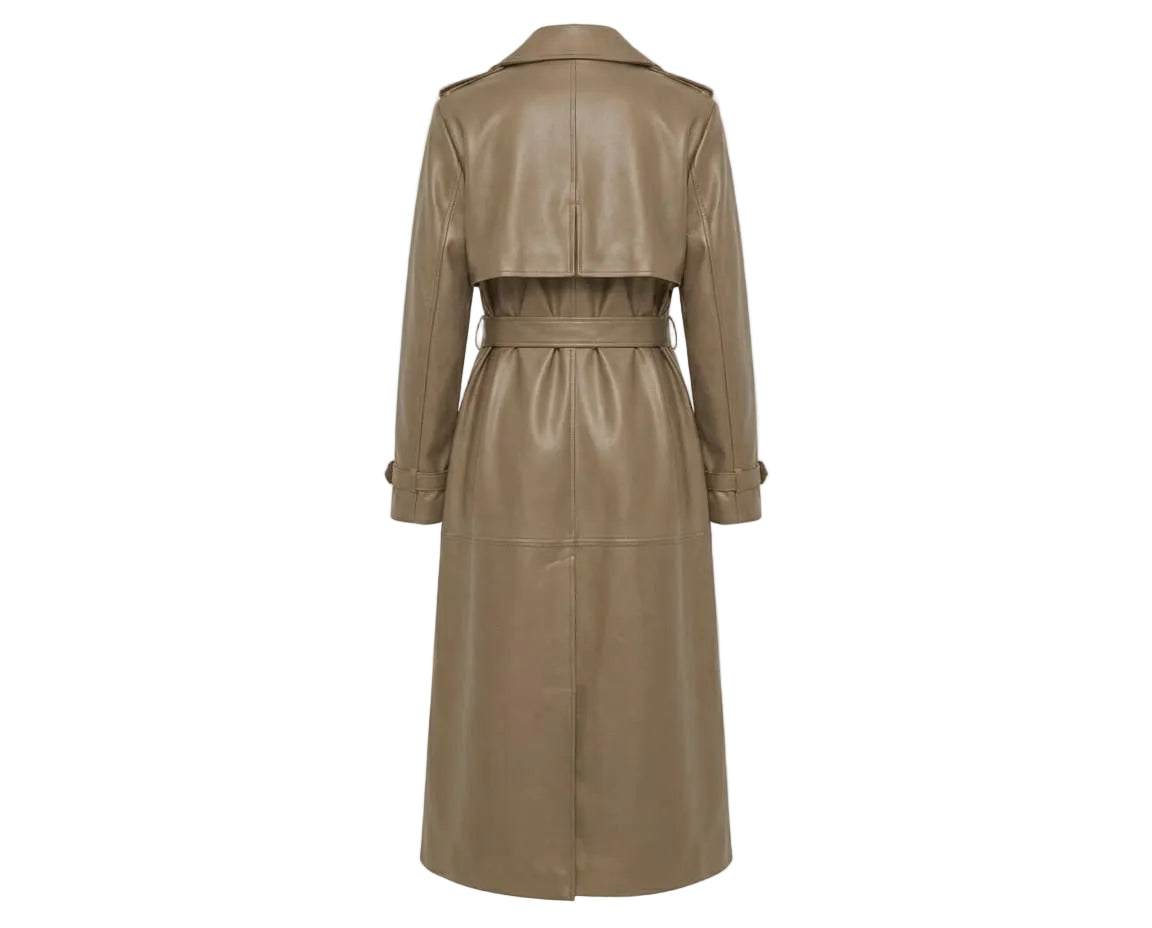 Tan leather trench coat on a light gray background