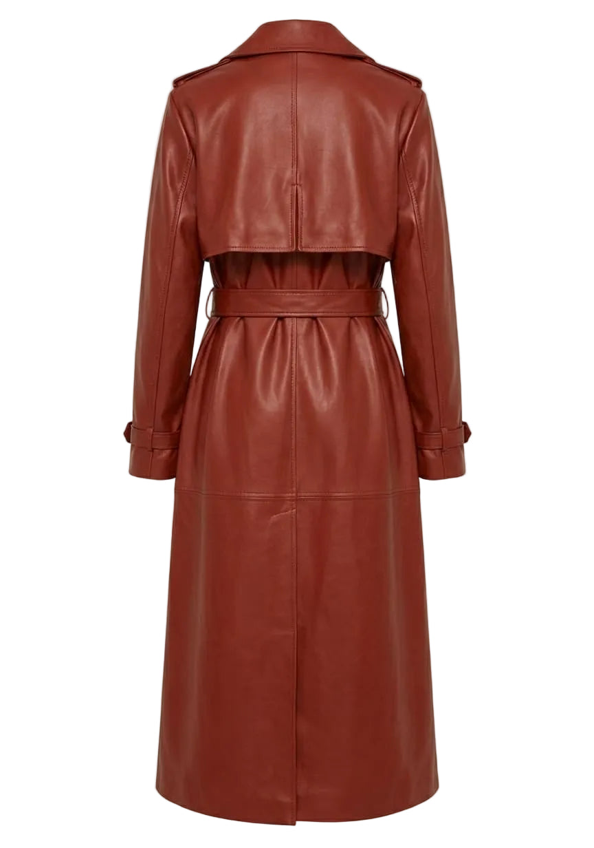 Brown leather trench coat on a light gray background