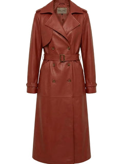 Red leather trench coat on a light gray background