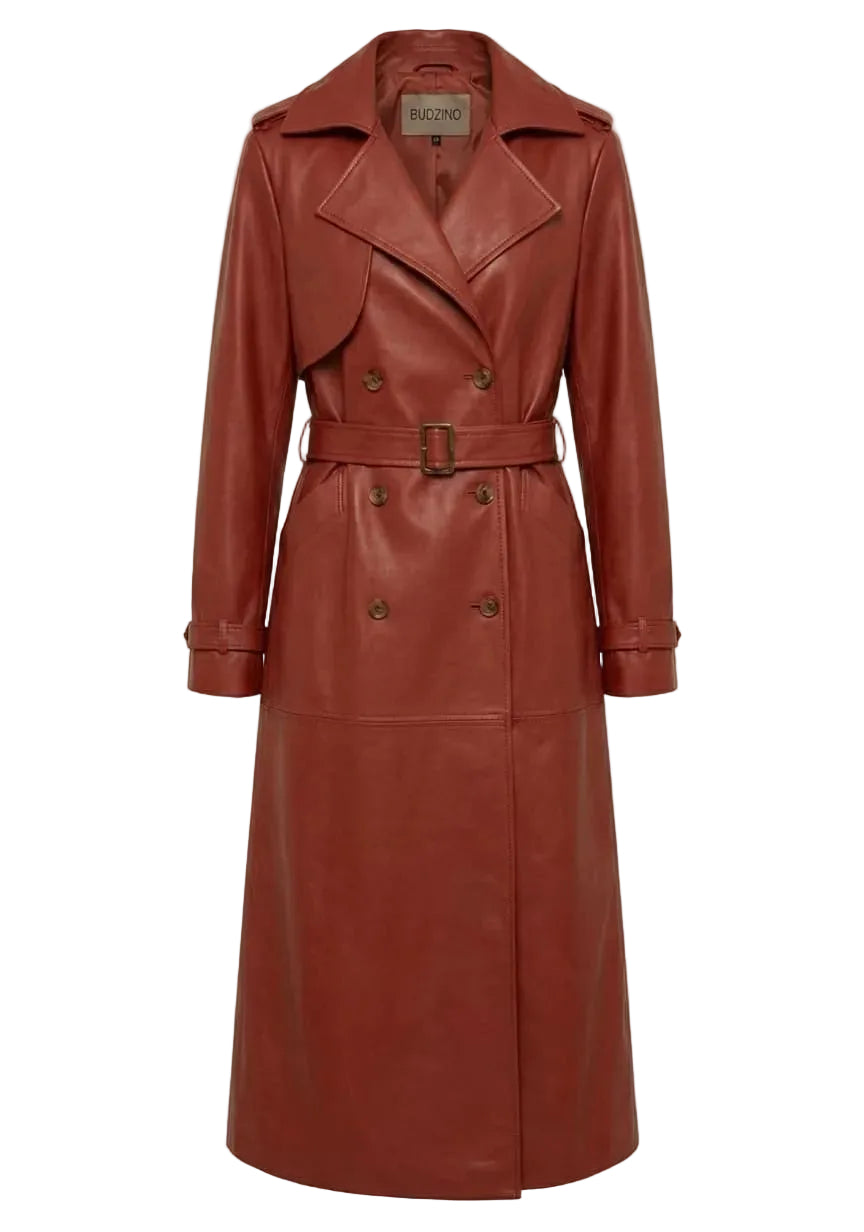 Red leather trench coat on a light gray background